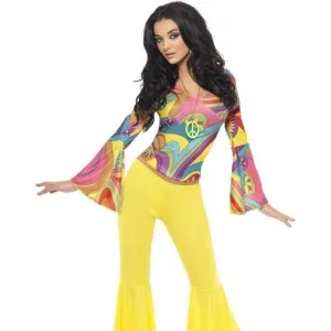 70s Groovy Babe Costume Adult Yellow Flared Trousers Multi Coloured Top