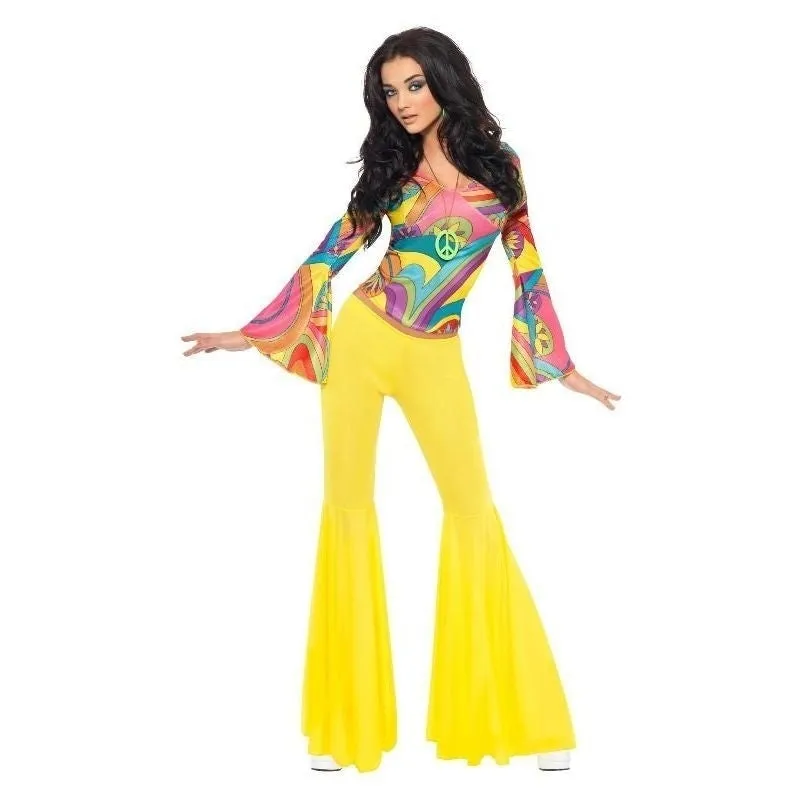 70s Groovy Babe Costume Adult Yellow Flared Trousers Multi Coloured Top