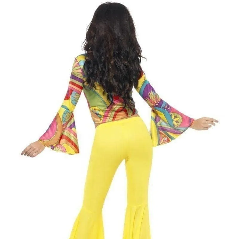 70s Groovy Babe Costume Adult Yellow Flared Trousers Multi Coloured Top