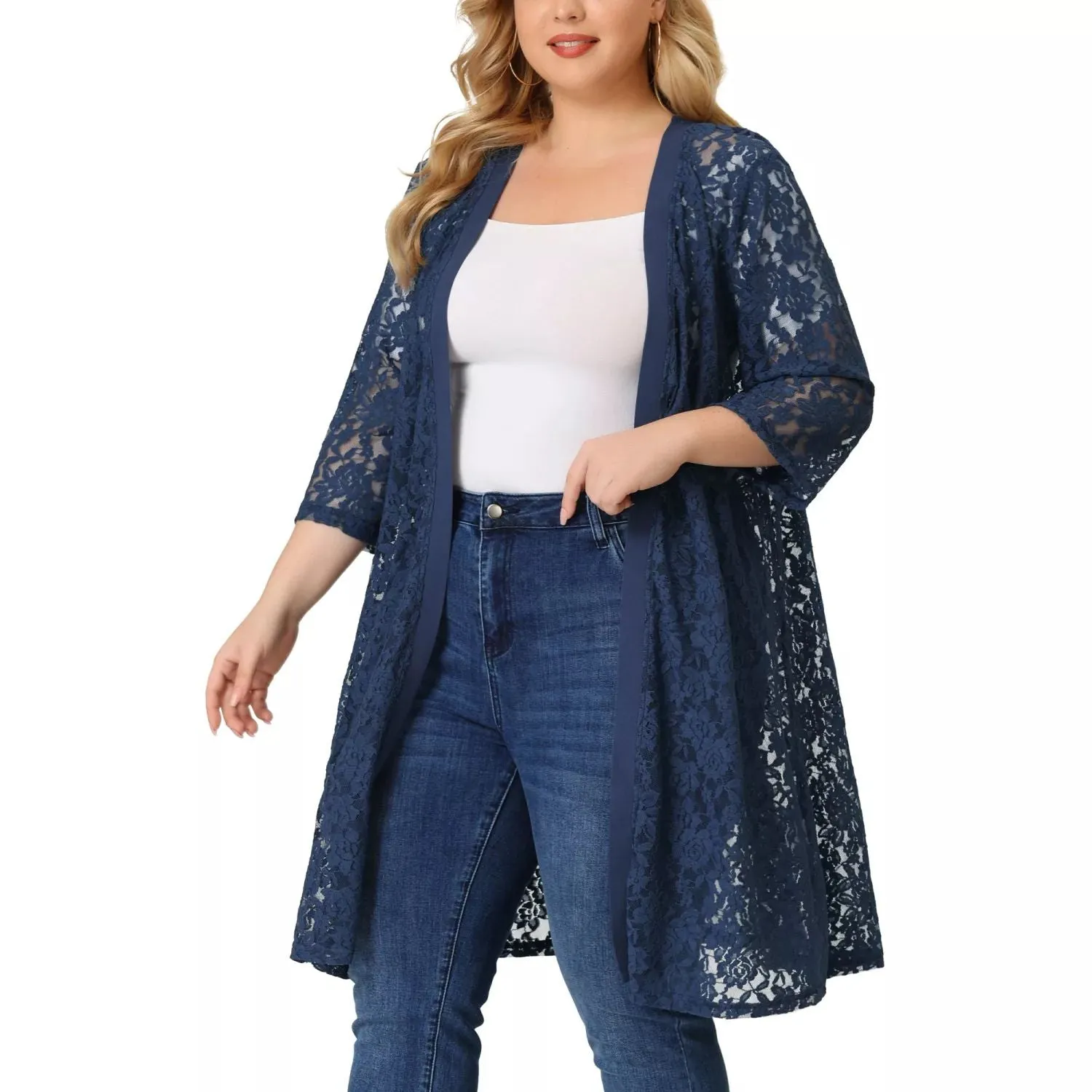 Agnes Orinda Women's Autumn Plus Size Midi Cardigan with Open Front and Lace Neck , dark blue