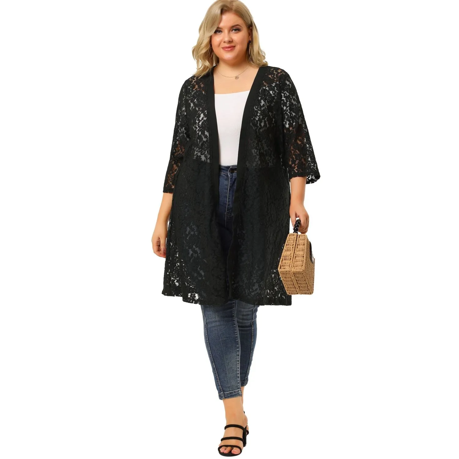 Agnes Orinda Women's Autumn Plus Size Midi Cardigan with Open Front and Lace Neck , dark blue