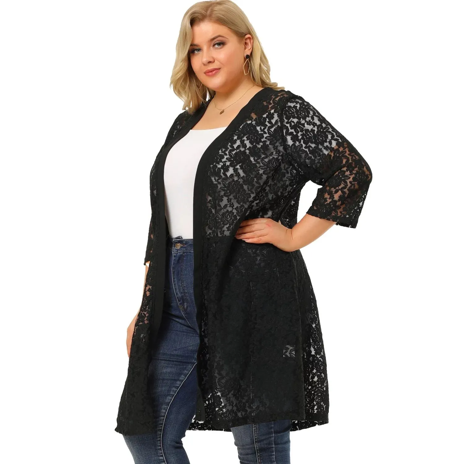 Agnes Orinda Women's Autumn Plus Size Midi Cardigan with Open Front and Lace Neck , dark blue