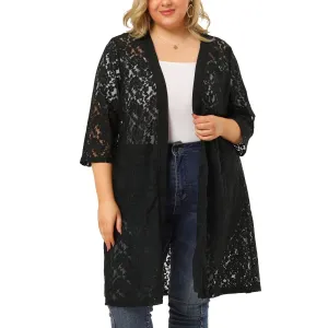 Agnes Orinda Women's Autumn Plus Size Midi Cardigan with Open Front and Lace Neck , dark blue