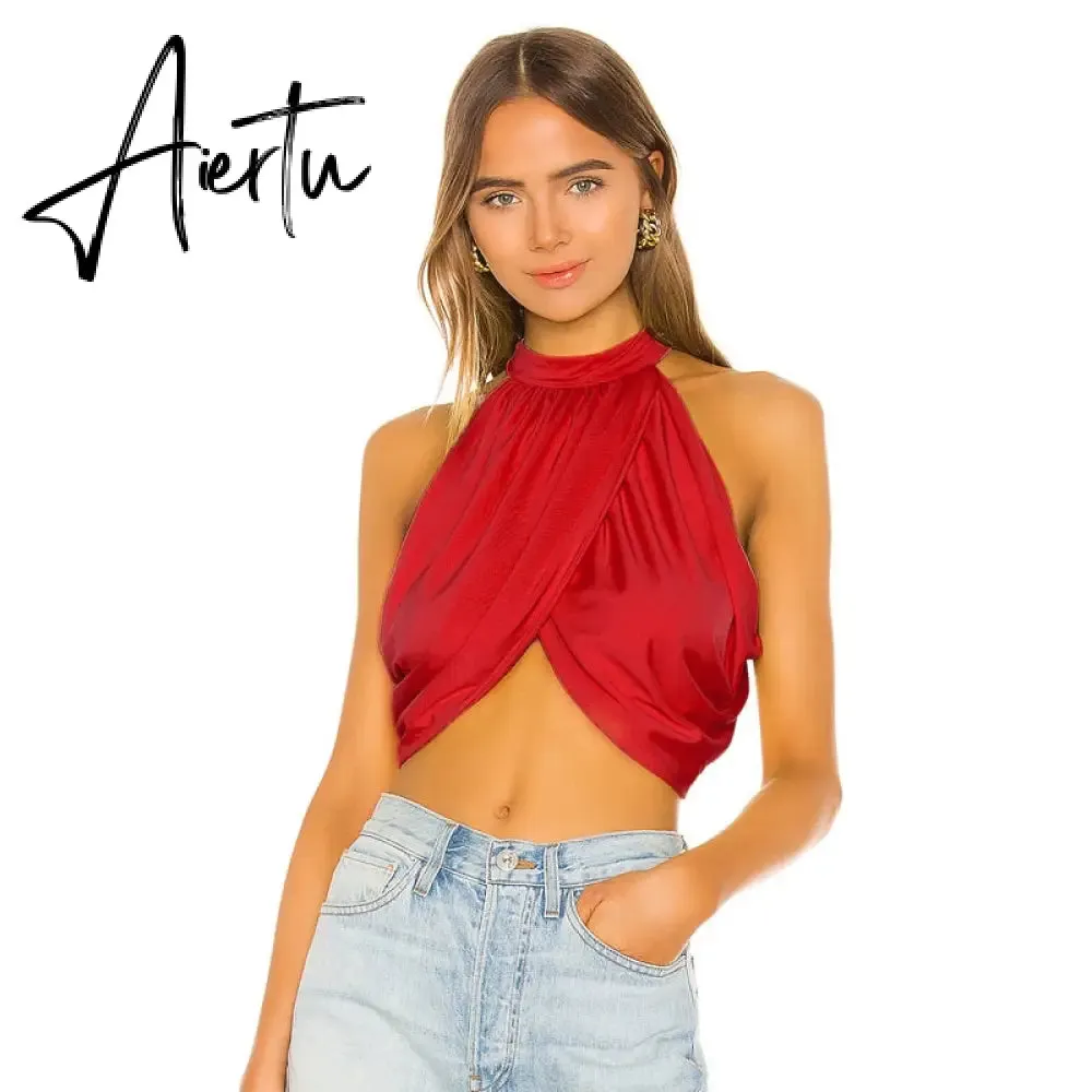 Aiertu  sleeveless halter patchwork backless sexy crop top summer women fashion streetwear club camis outfits