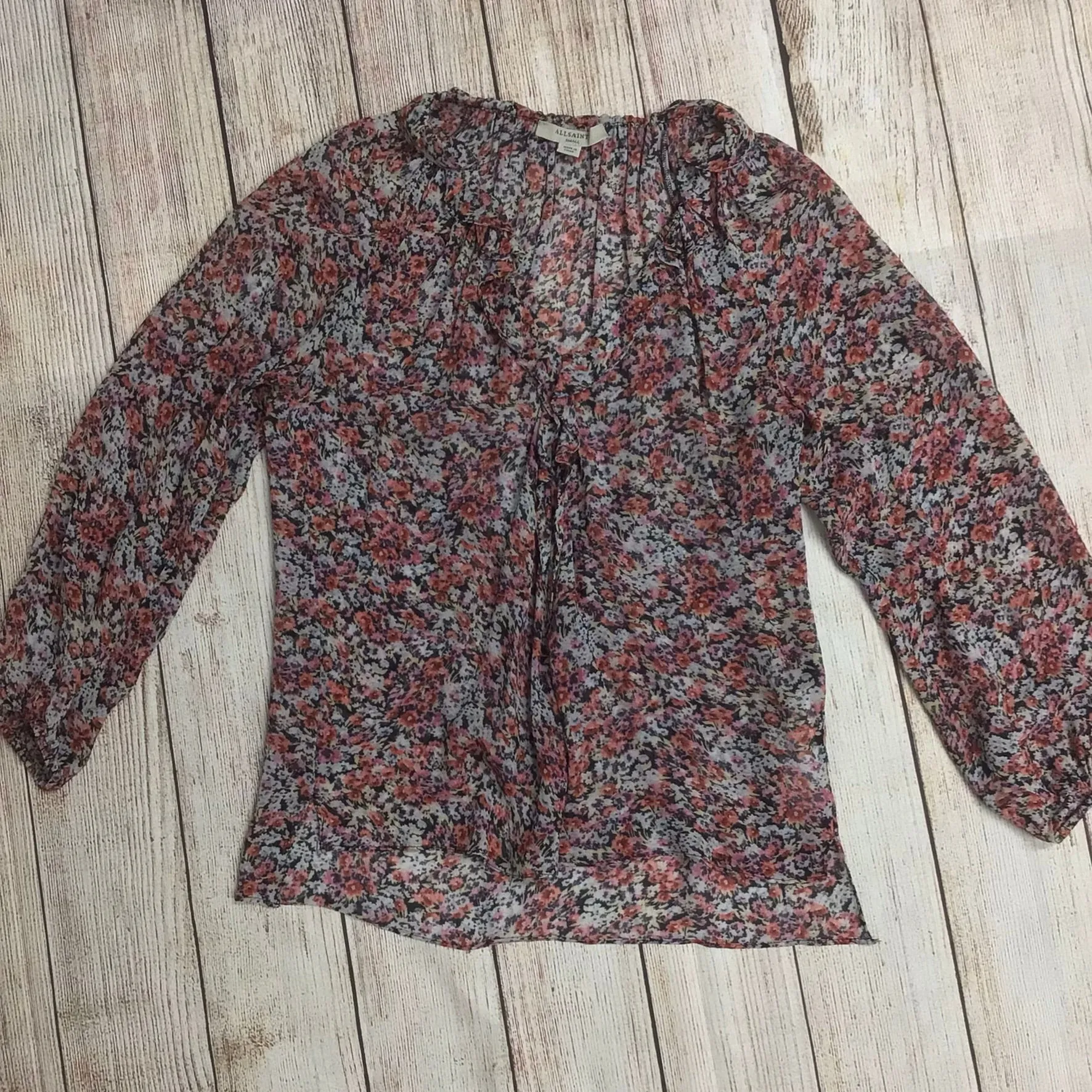 AllSaints Pink & Black Floral Print Blouse Size S