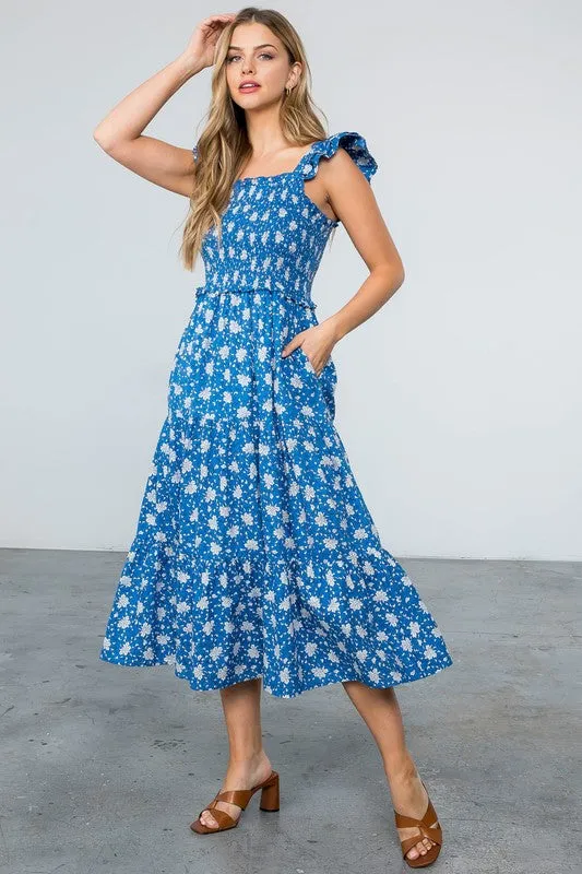 Amelia Smocked Tiered Flower Print Dress