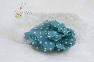 Aqua White Polka Dot Flower Headband