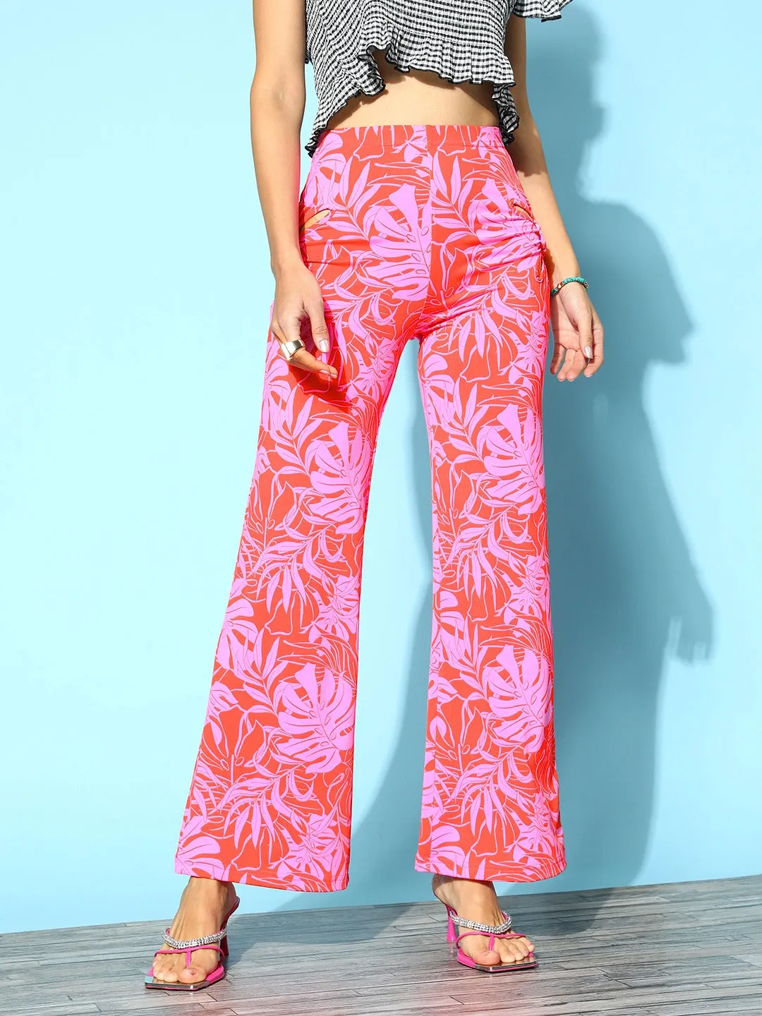 Berrylush Women Red & Pink Floral Printed High-Rise Waist Wrinkle-Free Slip-On Flared Regular Trousers