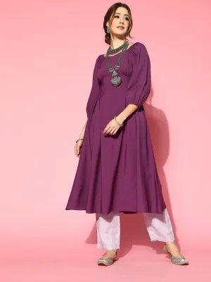 Berrylush Women Solid Purple Sweetheart Neck Puff Sleeve Flared Calf Length Kurta