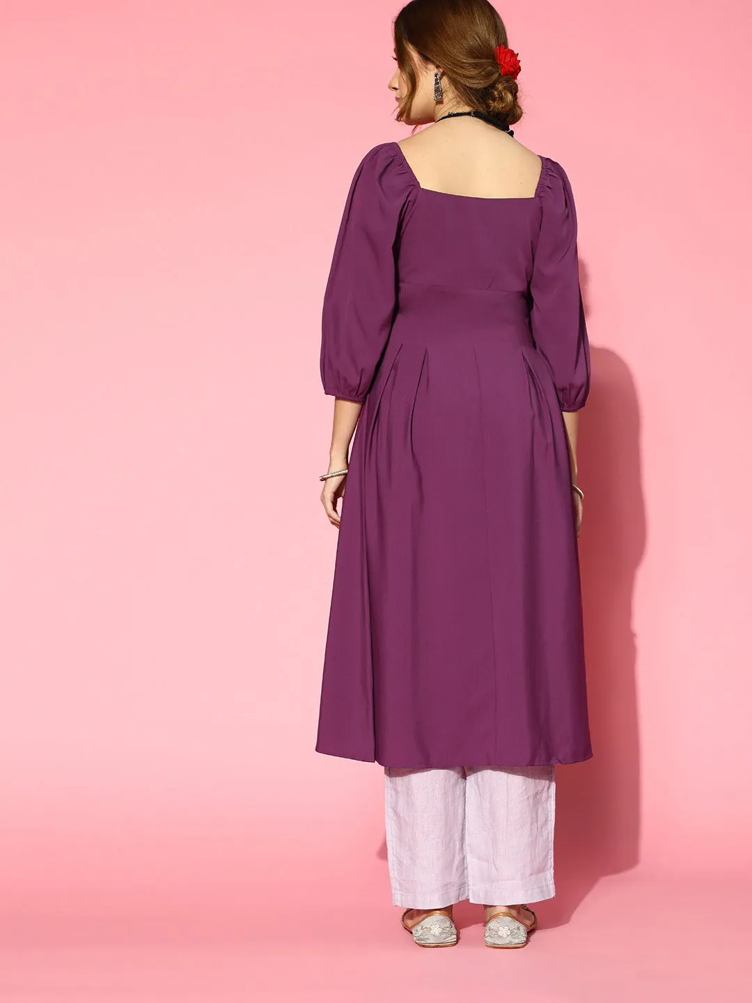 Berrylush Women Solid Purple Sweetheart Neck Puff Sleeve Flared Calf Length Kurta