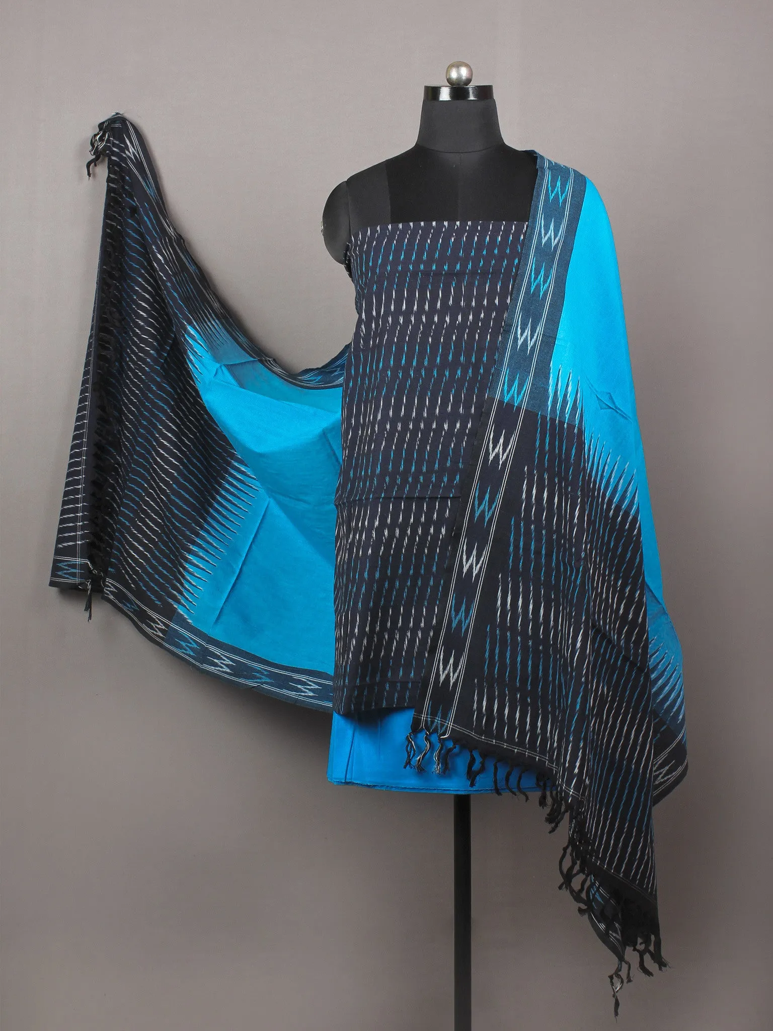 Black Azure Blue White Ikat Handwoven Cotton Suit Fabric Set of 3 - S1002018