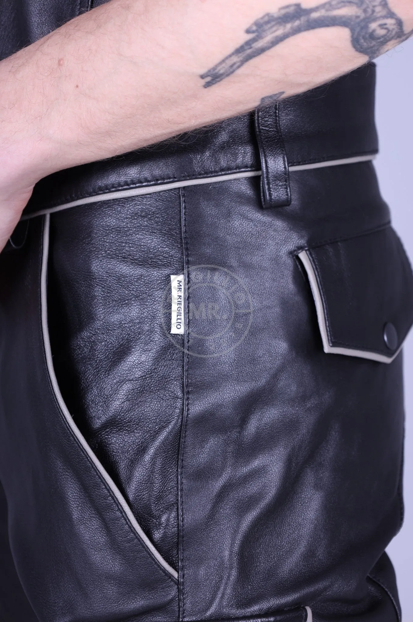 Black Leather Cargo Short - Grey Piping