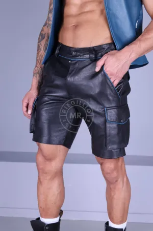 Black Leather Cargo Short - Jeans Blue Piping