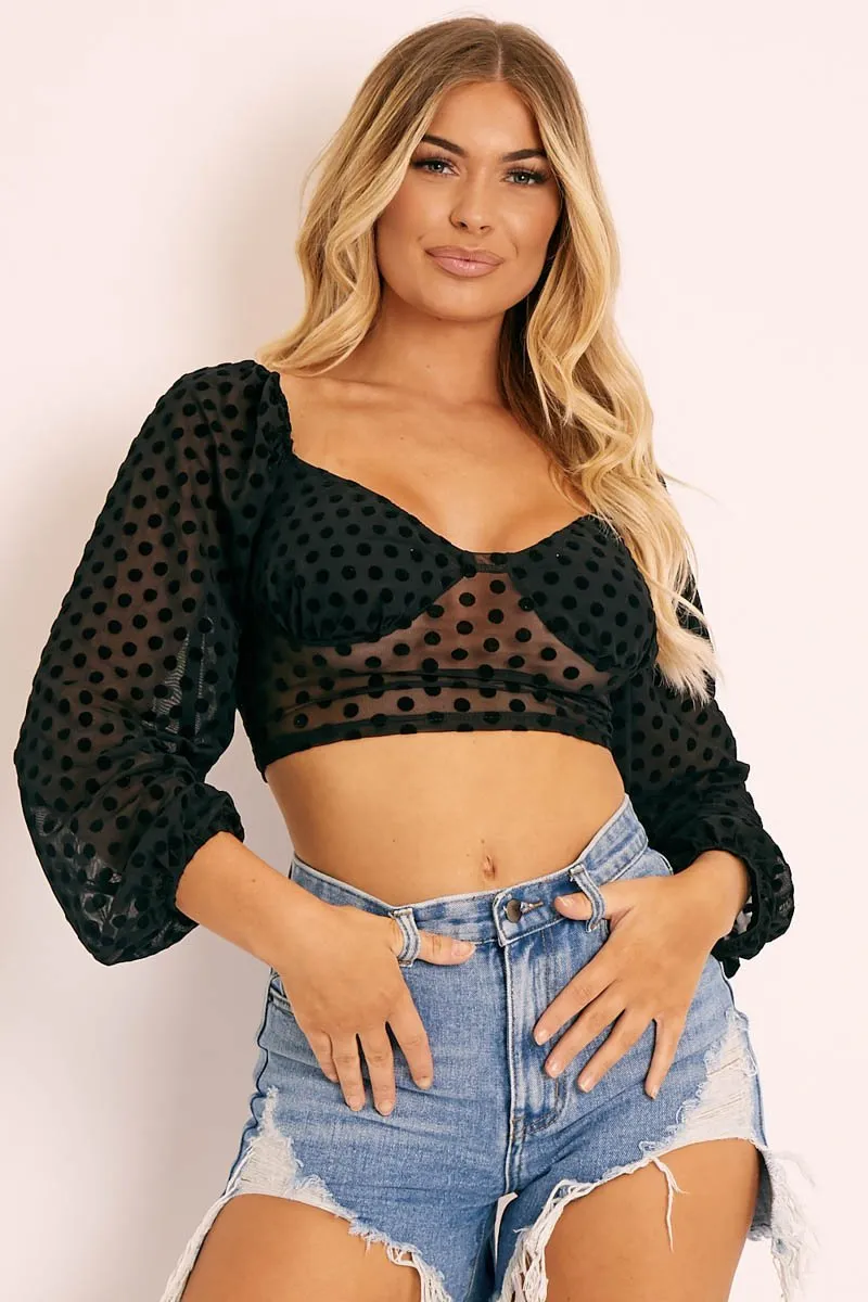 Black Polka Dot Corset Crop Top - Ella