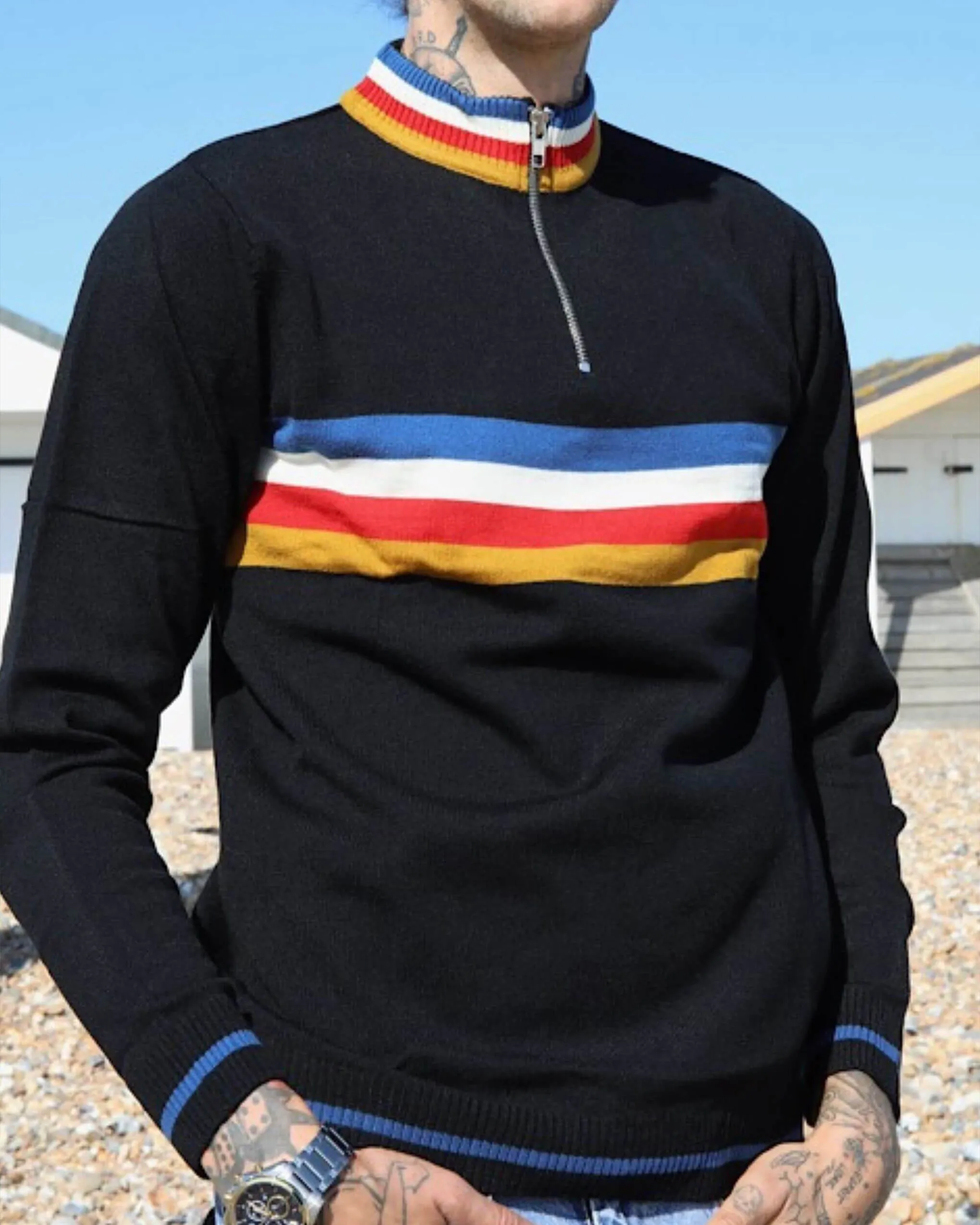 Black Retro Zip Neck Jumper