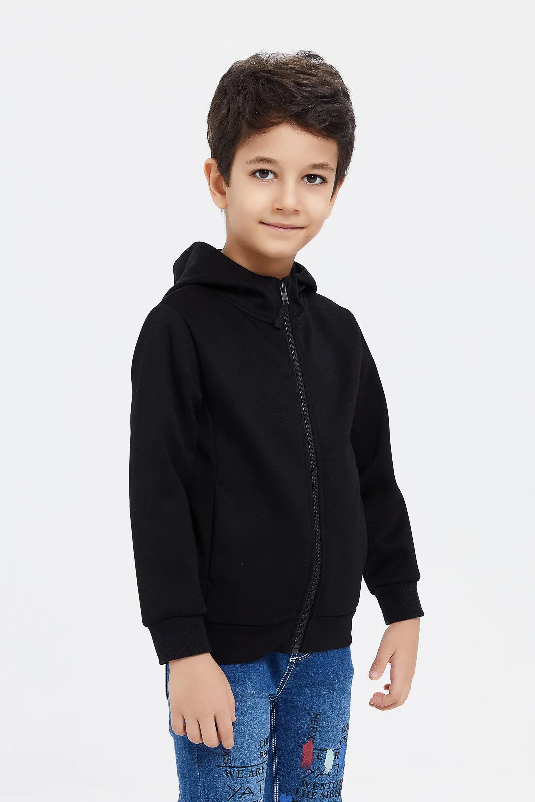 Boys Black Zip Thru Hooded Sweatshirt