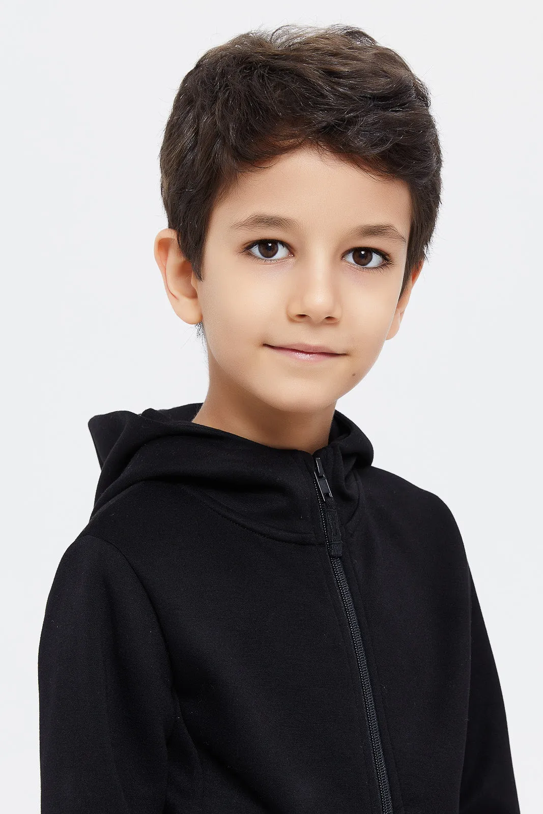 Boys Black Zip Thru Hooded Sweatshirt