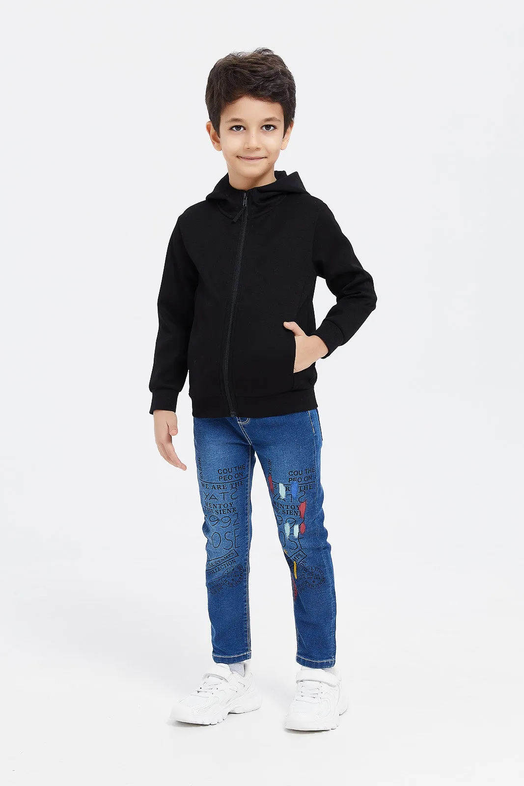 Boys Black Zip Thru Hooded Sweatshirt