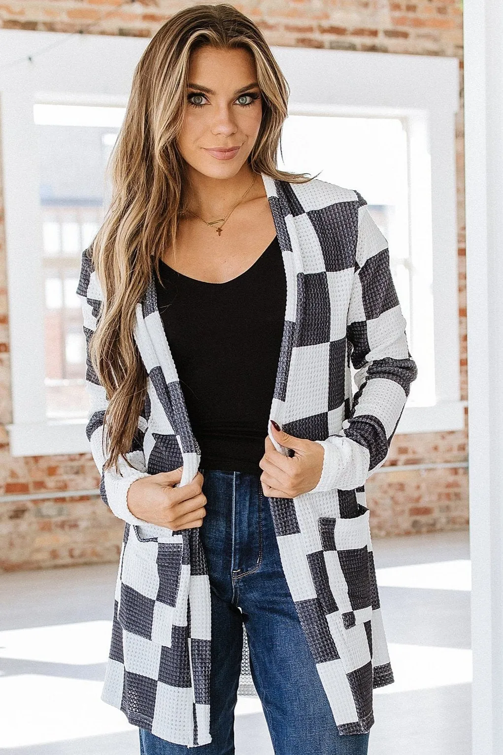 Brady Checkered Waffle Knit Cardigan | S-XL