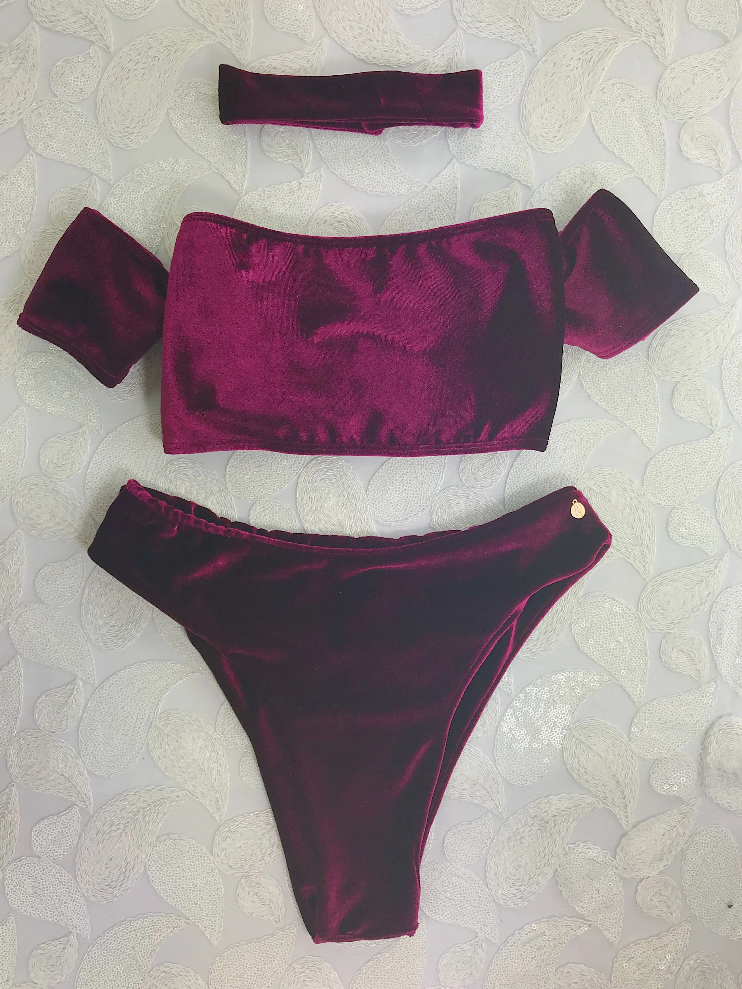 Burgundy Wine Velvet Off the Shoulder Seamless Bikini w/choker Brazilian NO Cheeky (QUICKSHIPS SOLD OUT. CUSTOM OPTION AVAILABLE :)