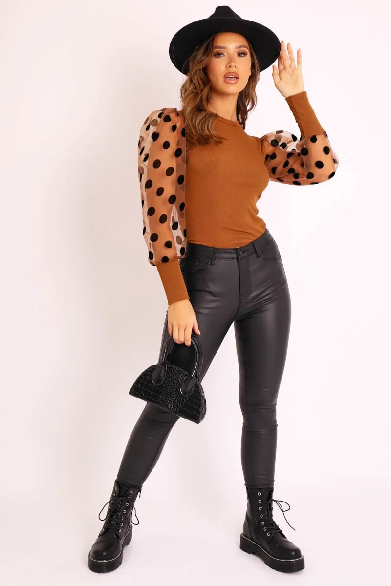 Camel Polka Dot Puff Sleeve Ribbed Top - Irisa