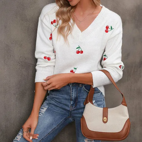 Casual Loose Knitted Cherries Sweater