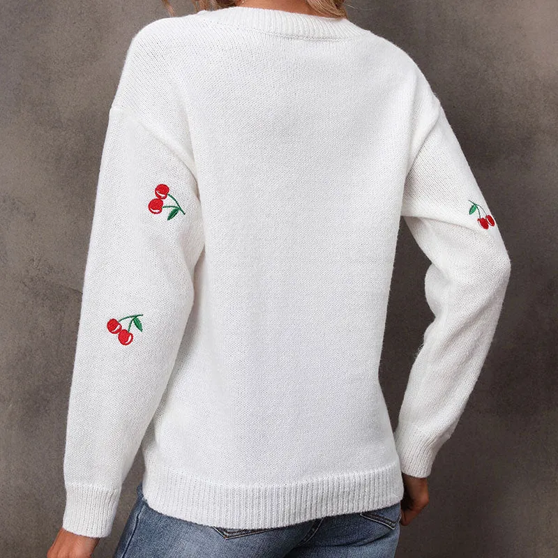 Casual Loose Knitted Cherries Sweater