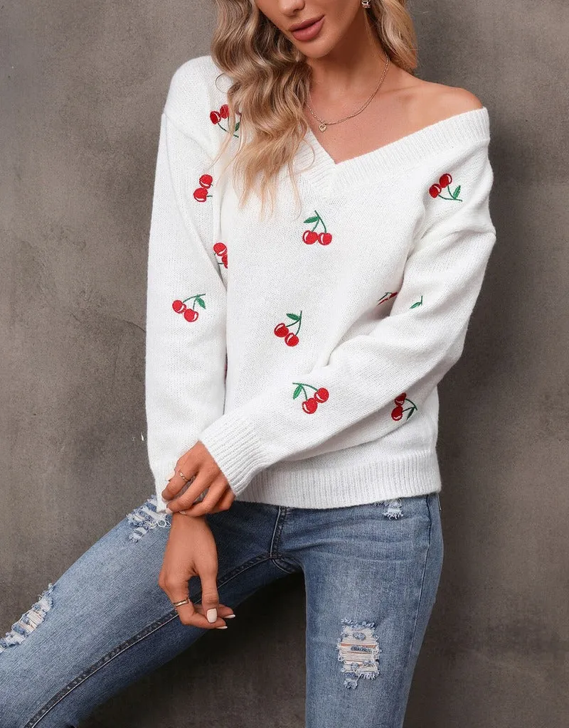 Casual Loose Knitted Cherries Sweater