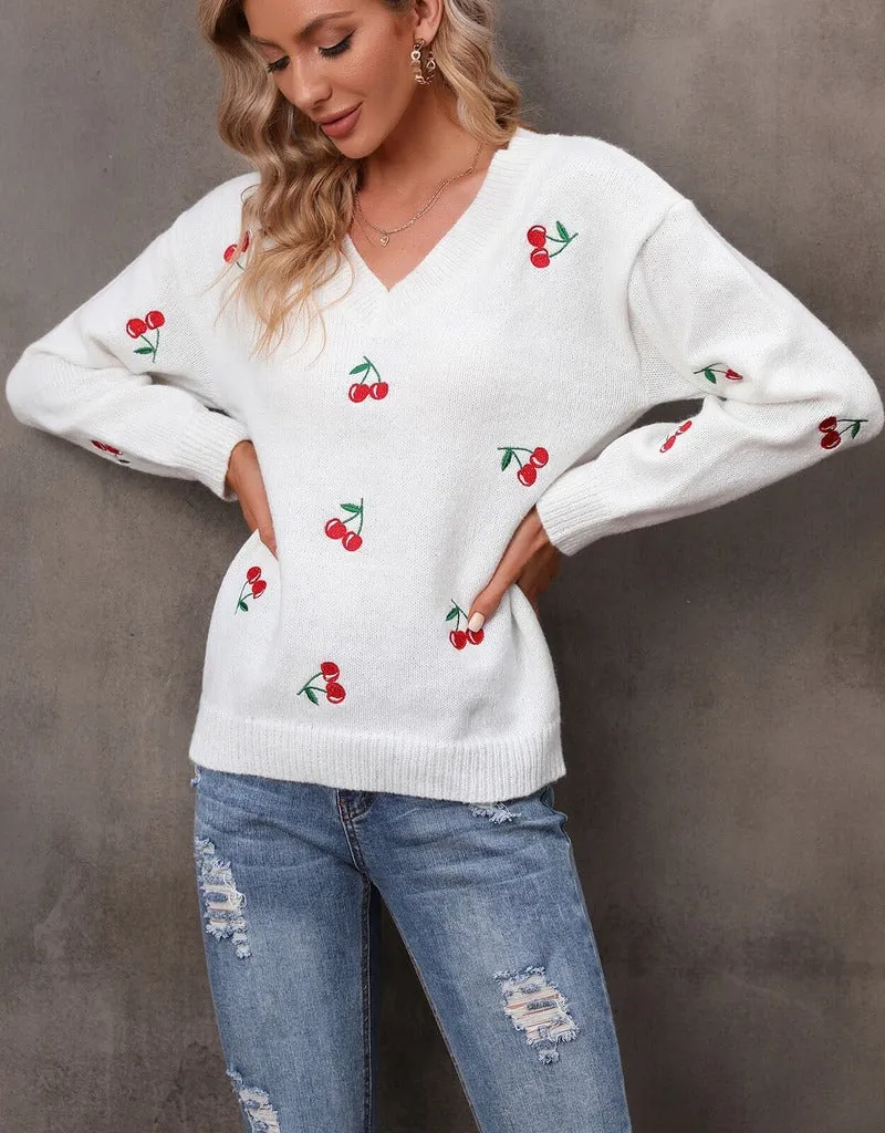 Casual Loose Knitted Cherries Sweater