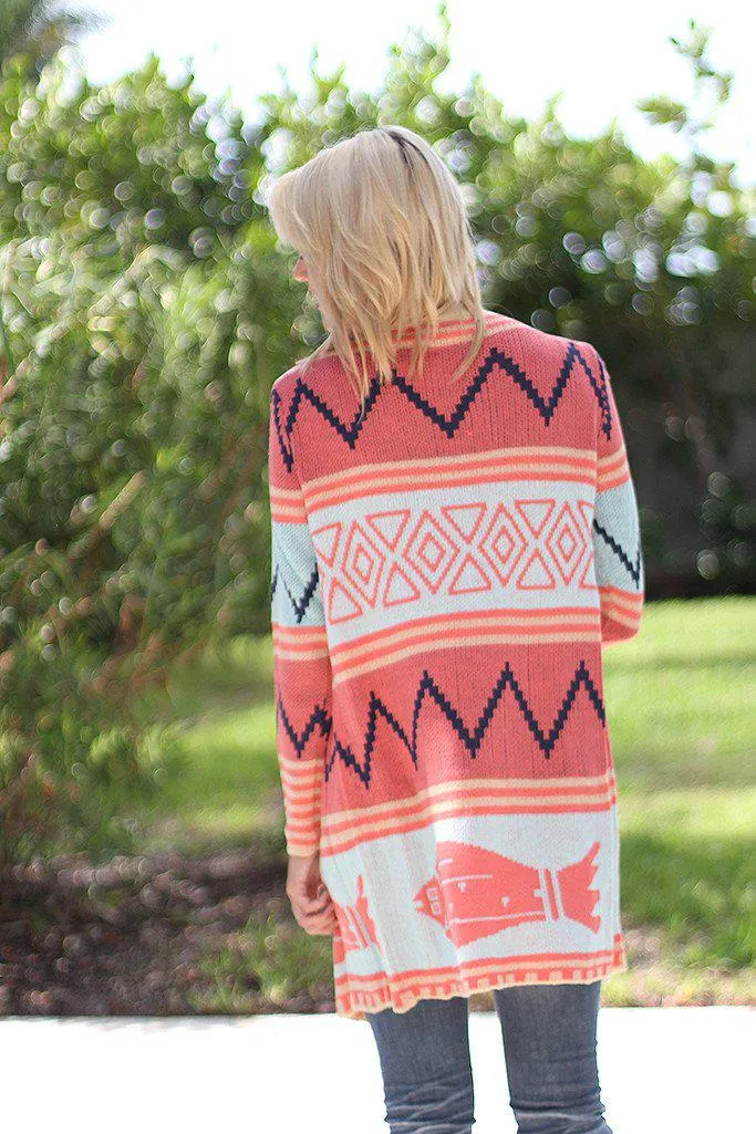 Coral and Mint Long Cardigan