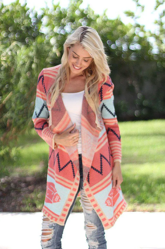 Coral and Mint Long Cardigan