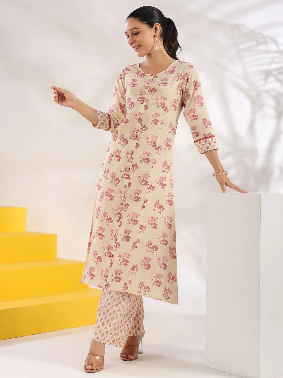 Cream & Pink Cotton Floral Print A Line Kurta Trouser Set