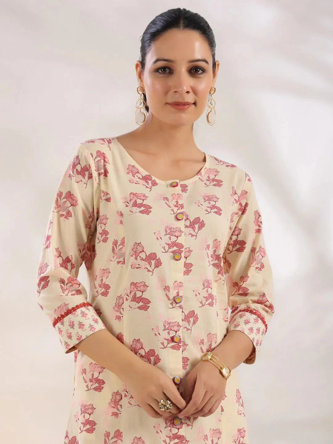 Cream & Pink Cotton Floral Print A Line Kurta Trouser Set