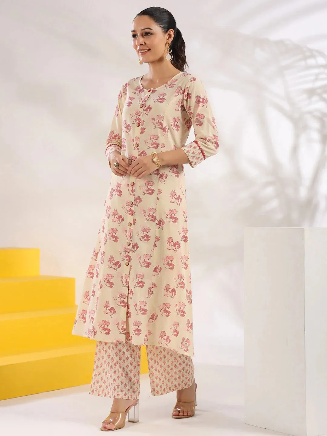 Cream & Pink Cotton Floral Print A Line Kurta Trouser Set