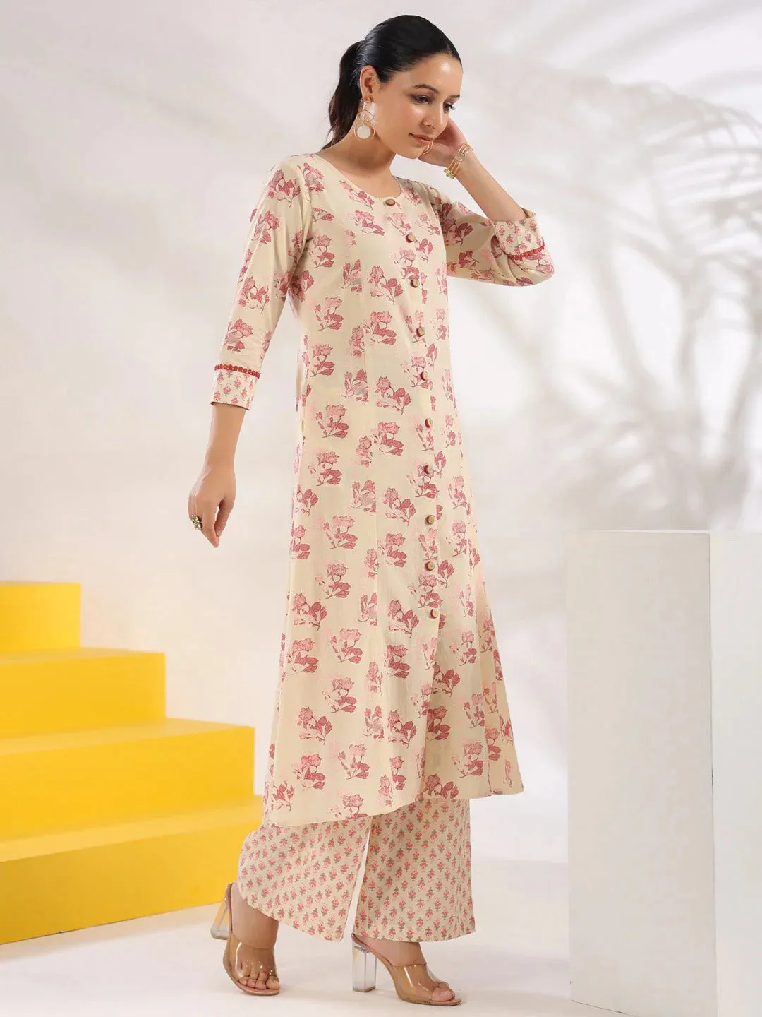 Cream & Pink Cotton Floral Print A Line Kurta Trouser Set