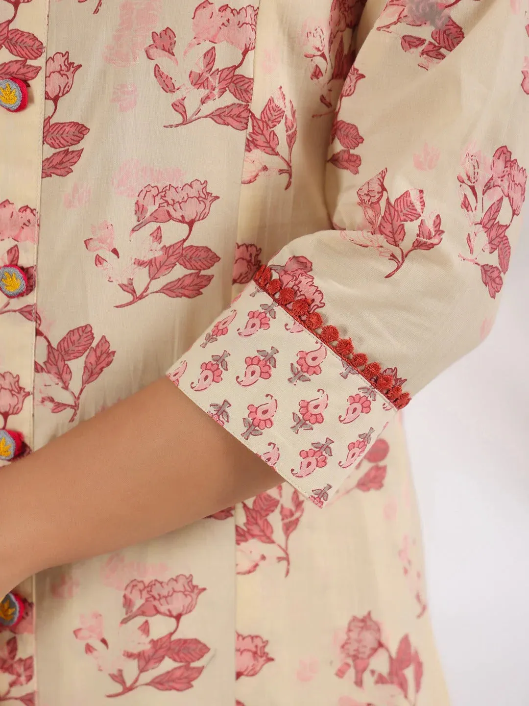 Cream & Pink Cotton Floral Print A Line Kurta Trouser Set