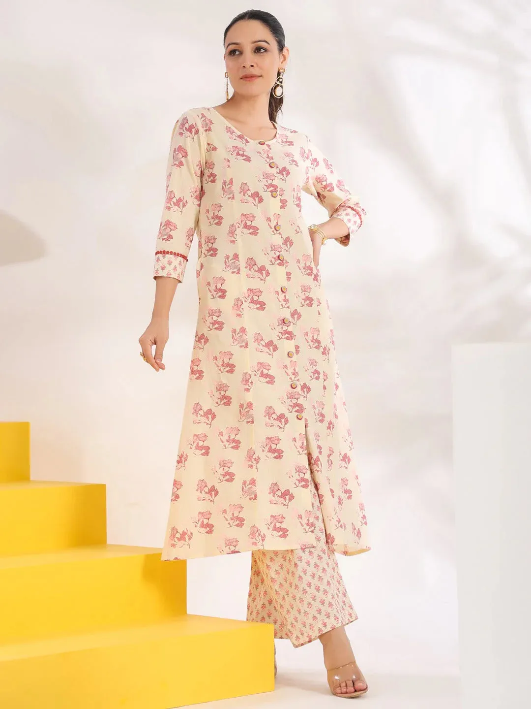 Cream & Pink Cotton Floral Print A Line Kurta Trouser Set