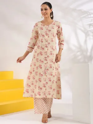 Cream & Pink Cotton Floral Print A Line Kurta Trouser Set