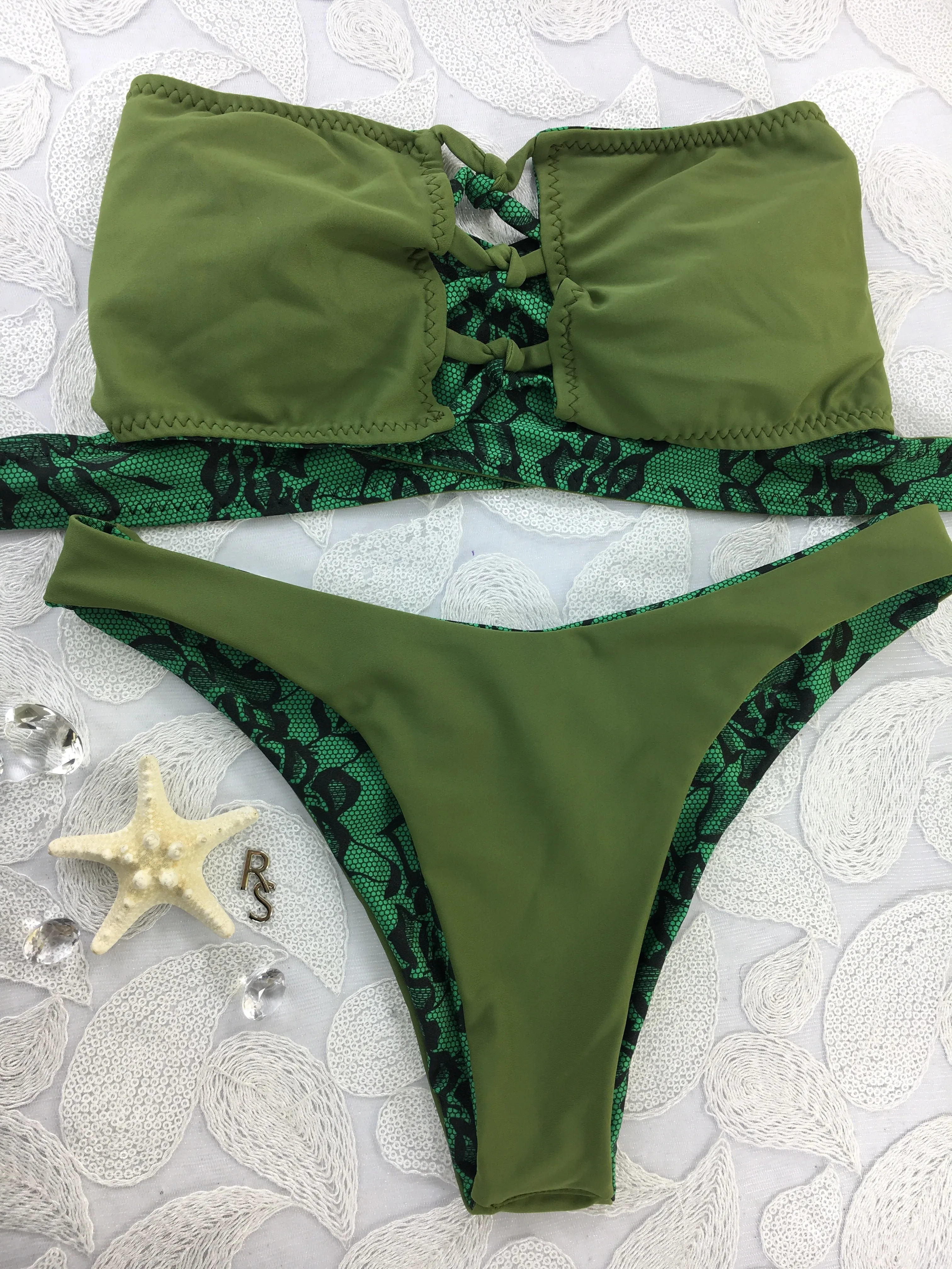 Custom Green Black Floral Crisscross 4:1 Flip It Reversible V Cut Bikini