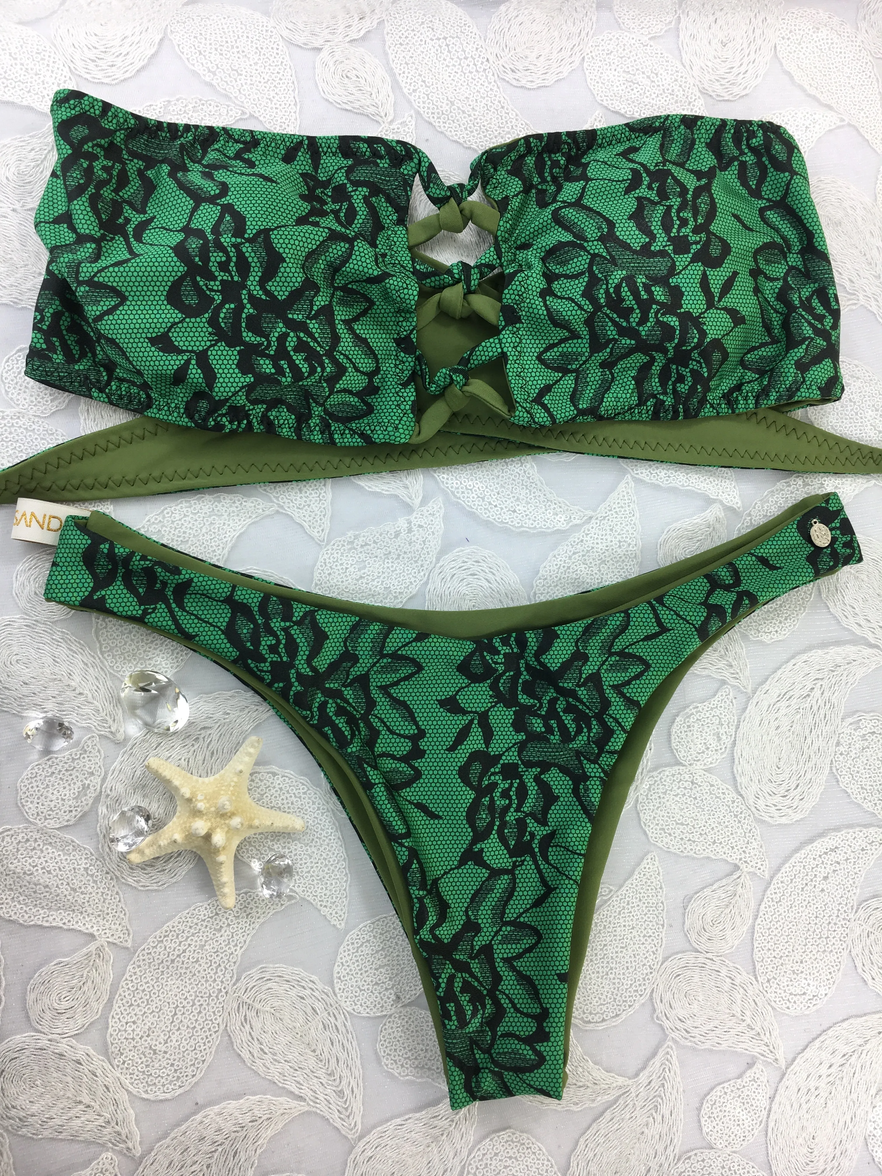 Custom Green Black Floral Crisscross 4:1 Flip It Reversible V Cut Bikini