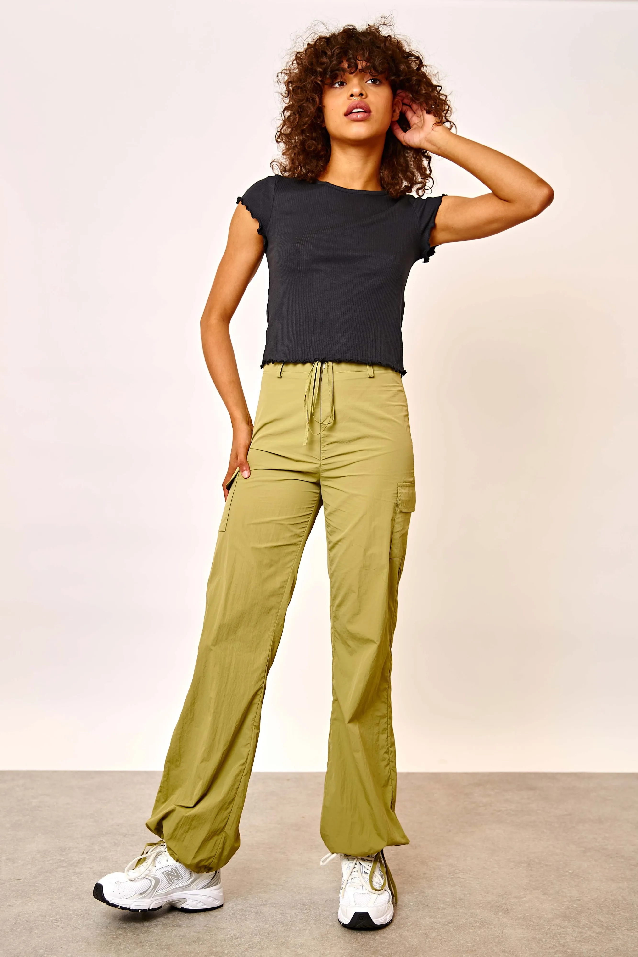 Daisy Street Relaxed Mid Rise Flared Nylon Trousers