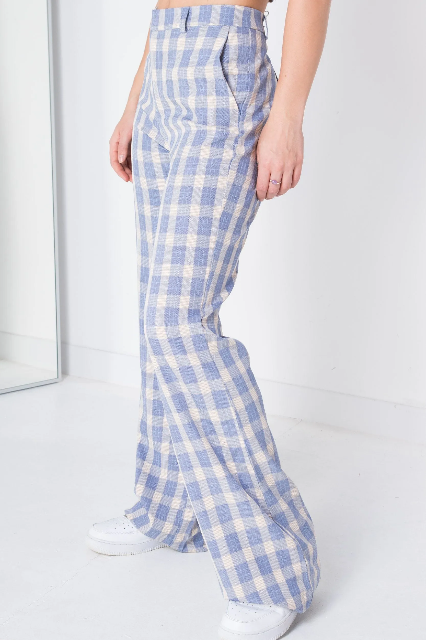 Daisy Street Straight Leg Flared Trousers in Check Print