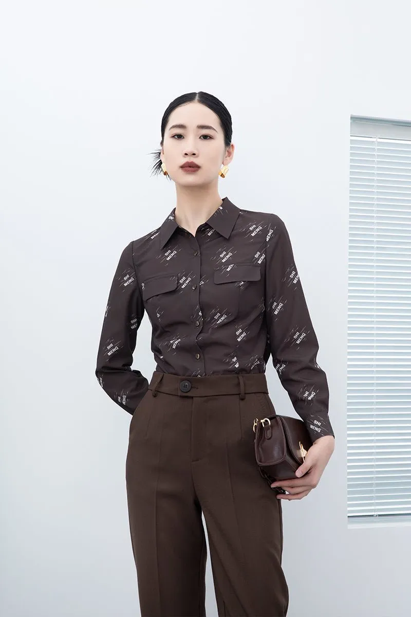 Dark Brown Letter Printed Blouses