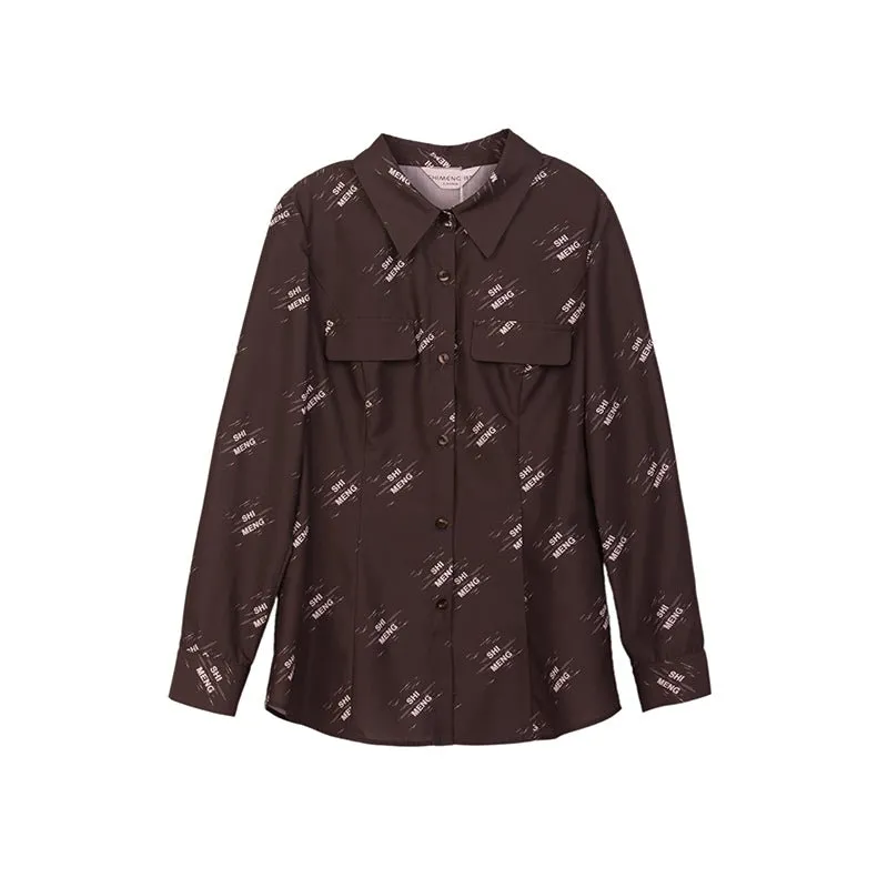 Dark Brown Letter Printed Blouses