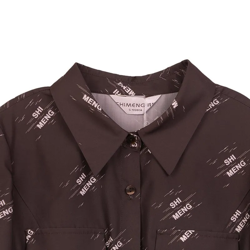 Dark Brown Letter Printed Blouses