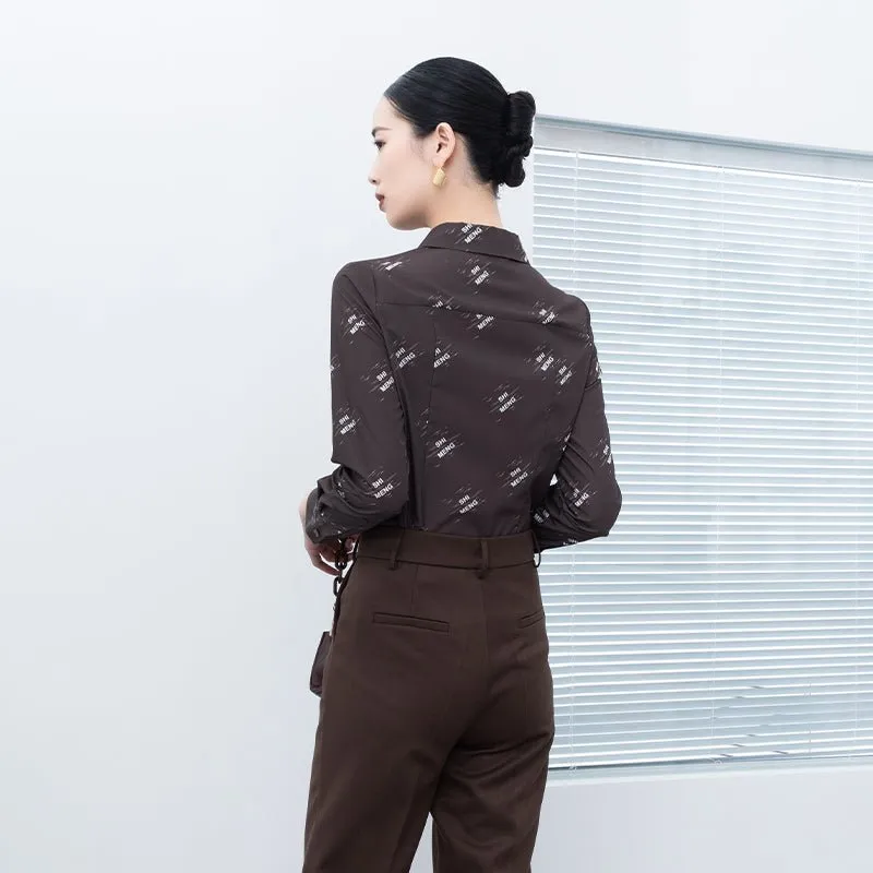 Dark Brown Letter Printed Blouses