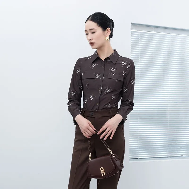 Dark Brown Letter Printed Blouses