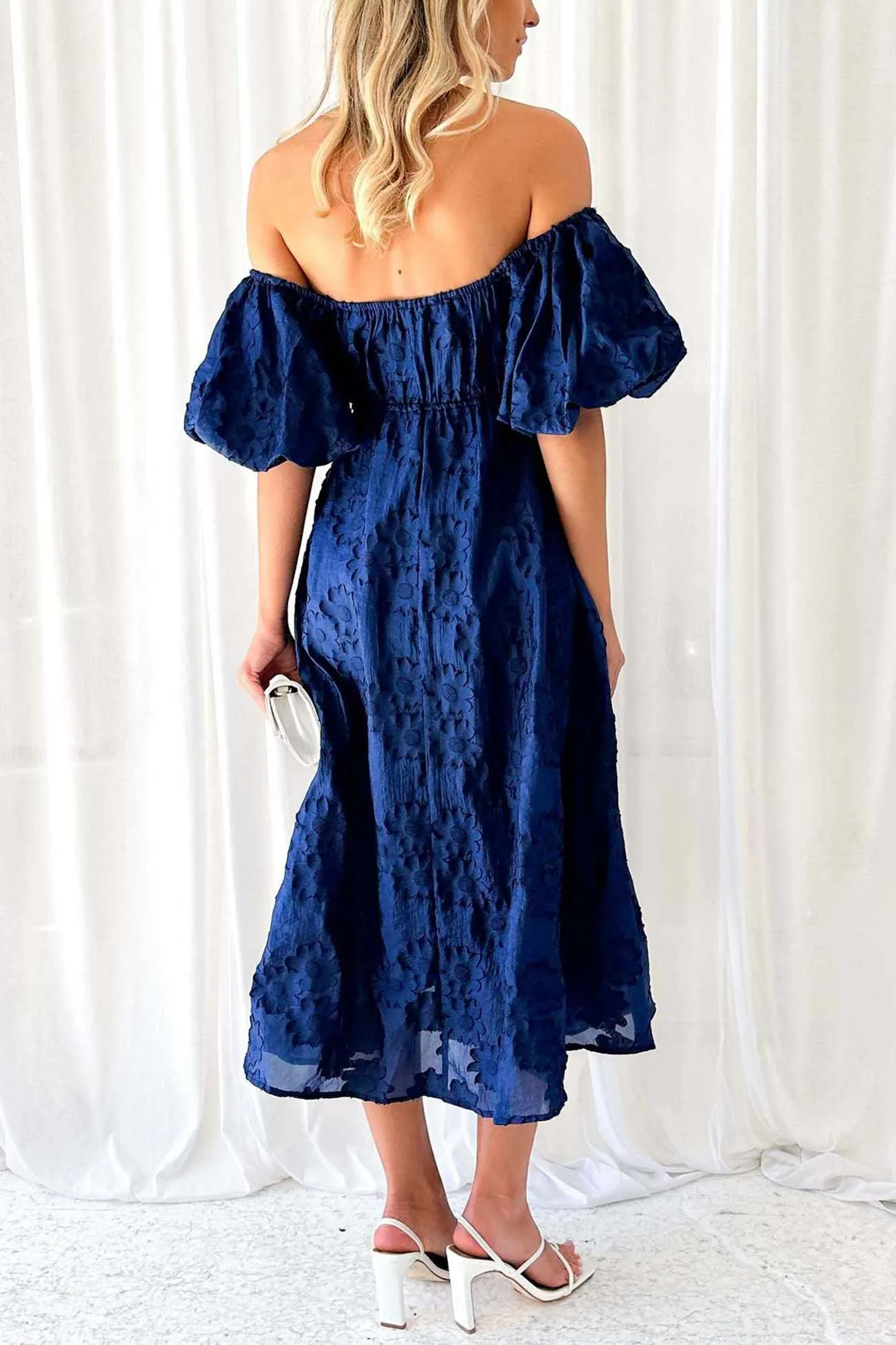 Flower Off Shoulder Puff Sleeve Midi Dress