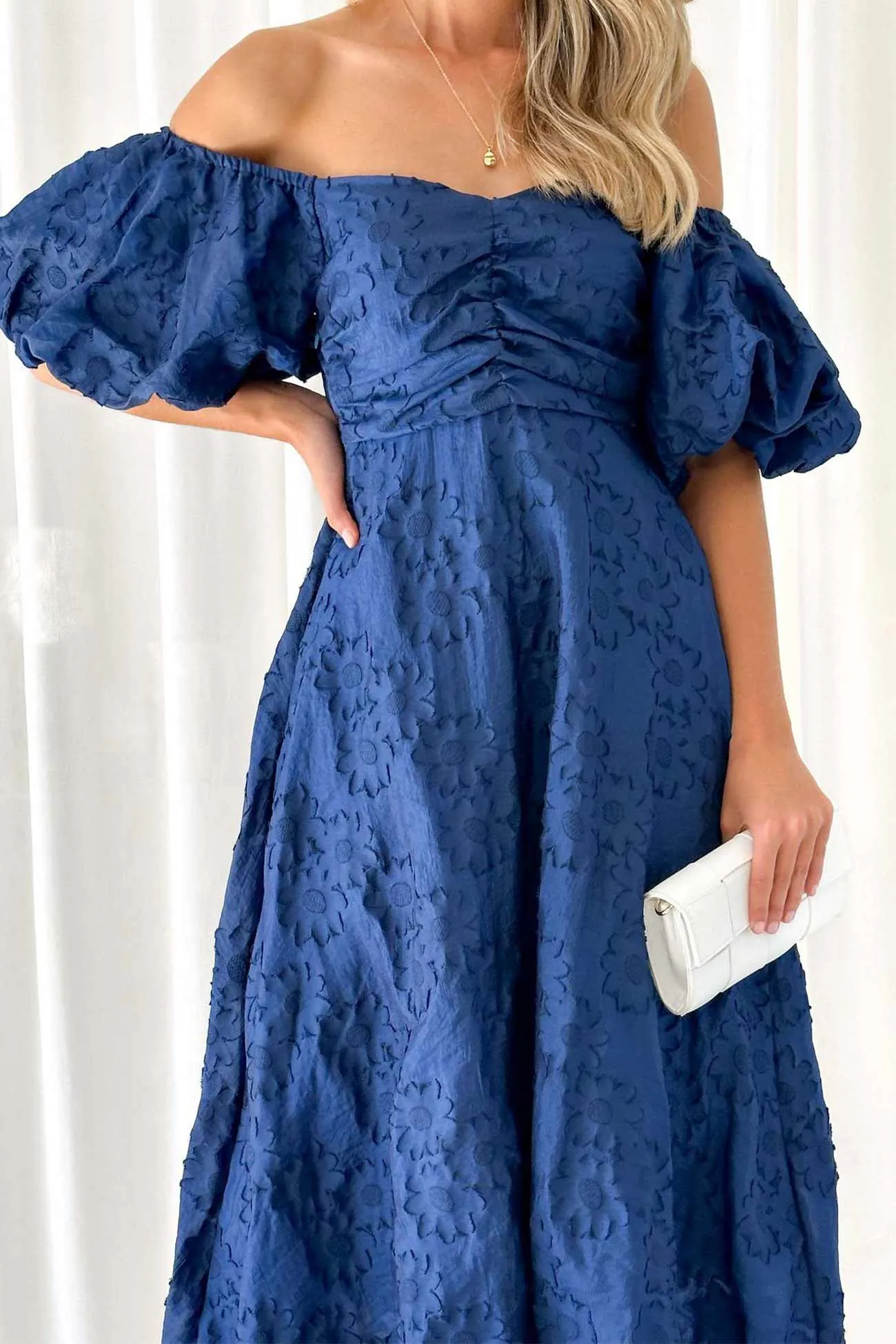 Flower Off Shoulder Puff Sleeve Midi Dress