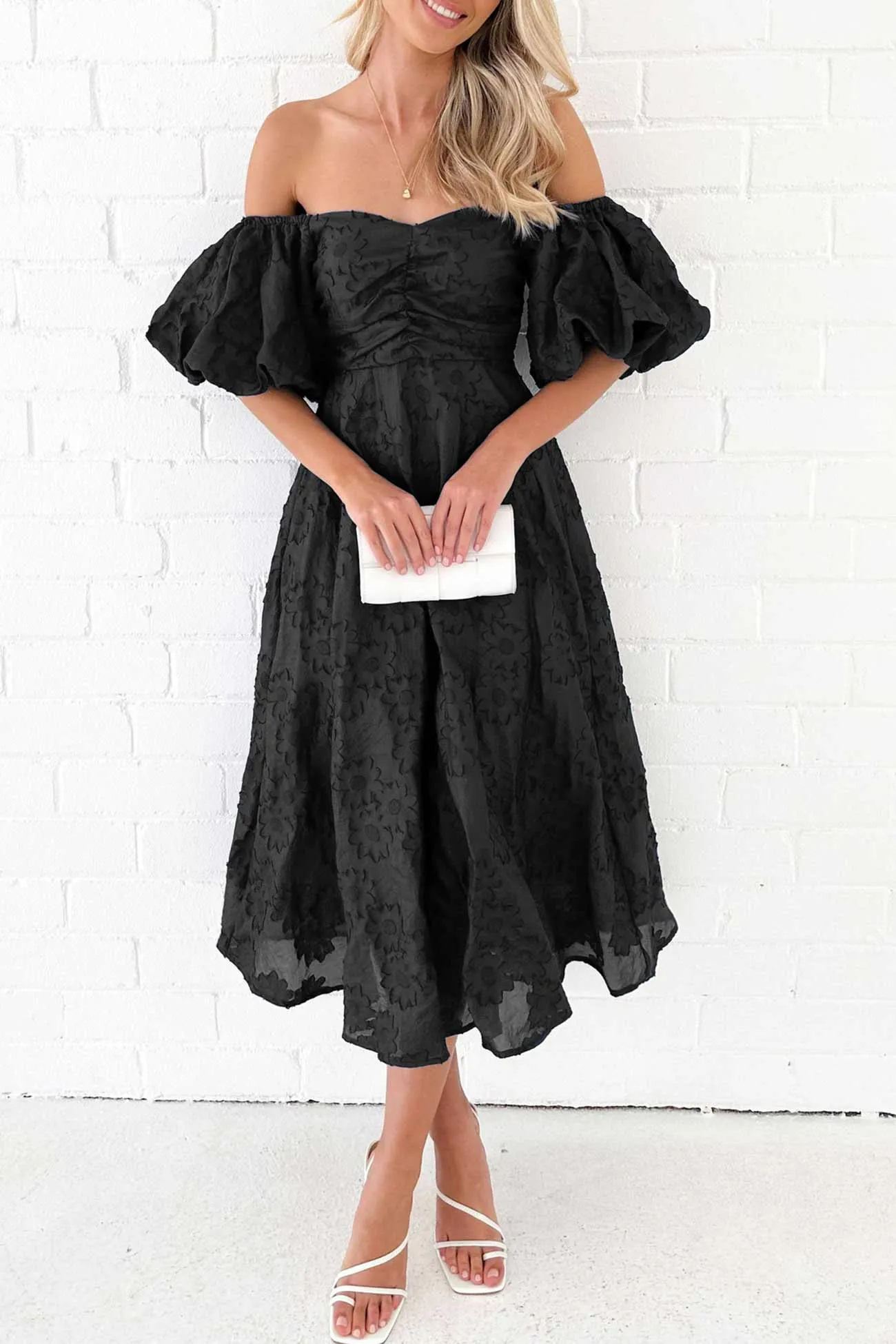 Flower Off Shoulder Puff Sleeve Midi Dress